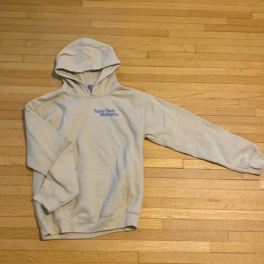 Taylor Swift, beige with blue writing, midnights hoodie